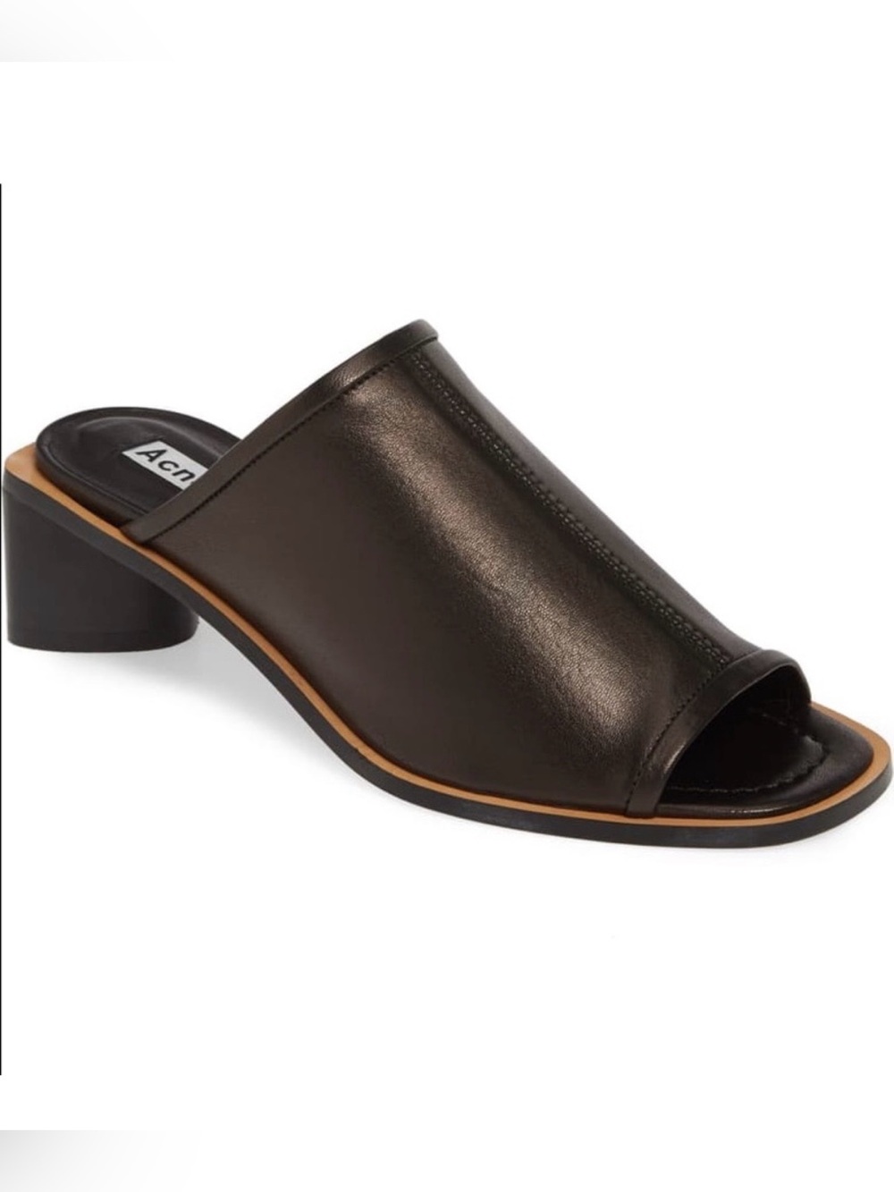 NWOT Acne Studios Black Leather Open Square Toe Block Heel Mules - Size 37